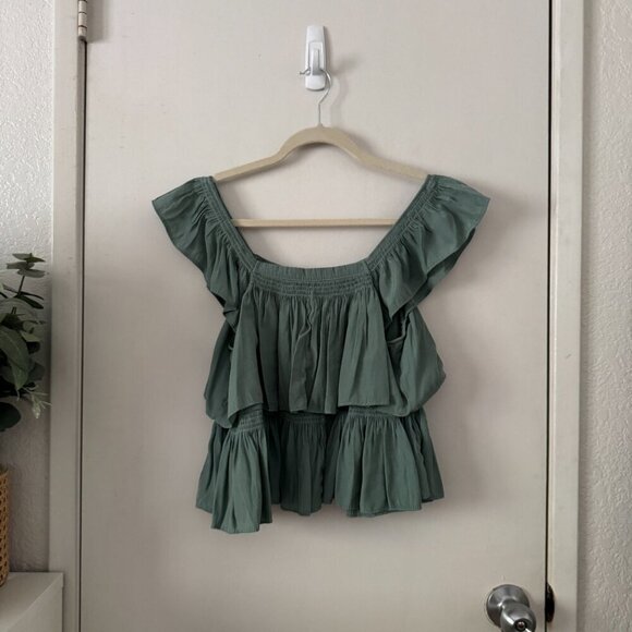 🦋 MUSTARD SEED Seafoam Green Ruffle Peplum Top Small Coquette Cottagecore - Picture 3 of 4